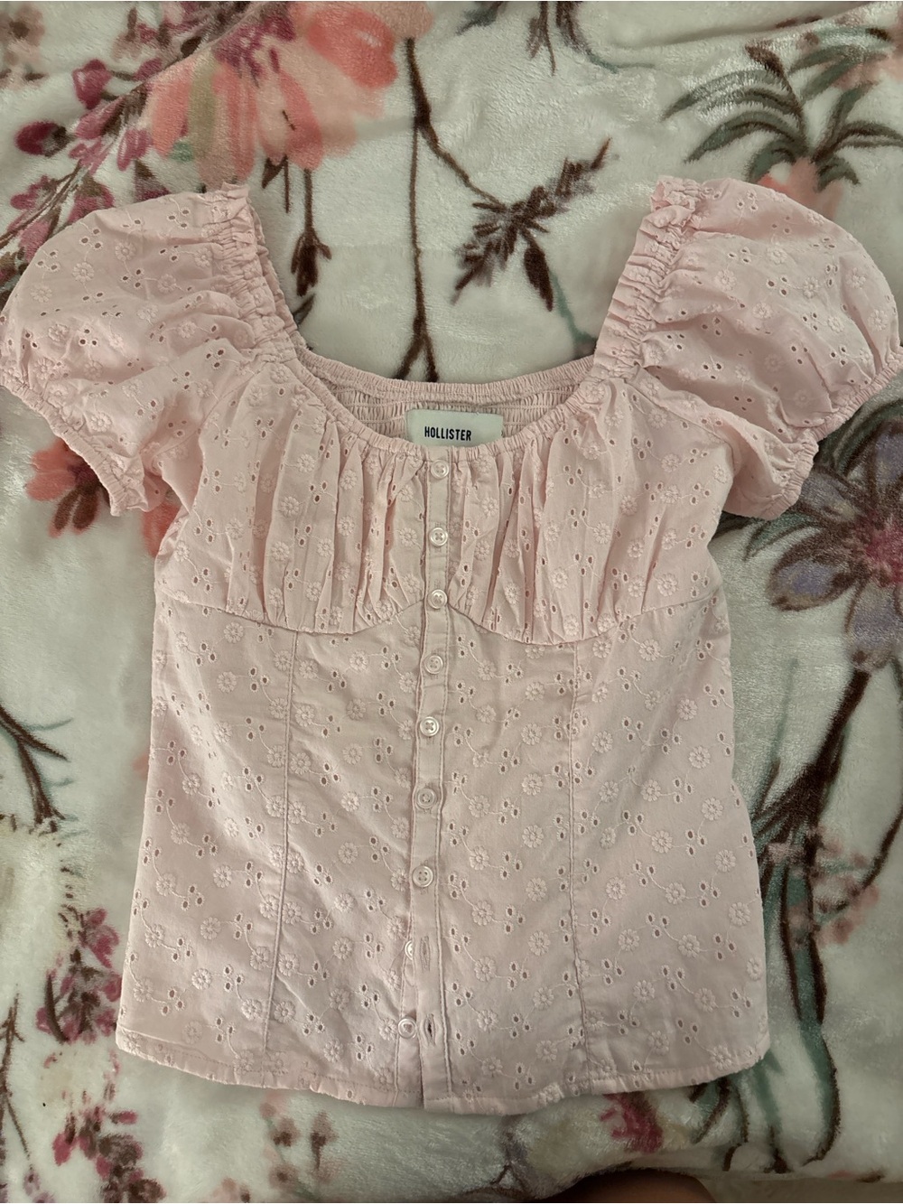 Hollister Light Pink Eyelet Button-Front Puff Sleeve Top